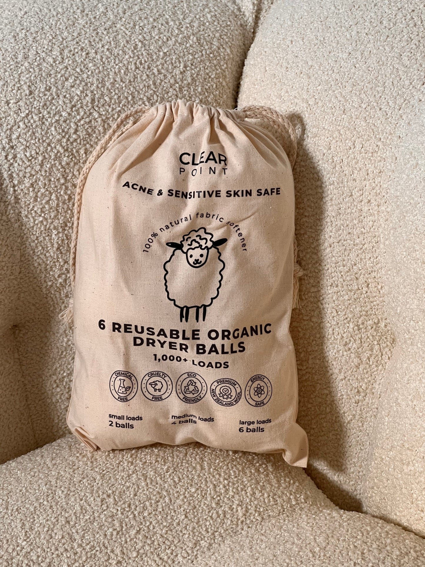 Clear Point Acne-Safe Organic Wool Dry Balls, 6 balls